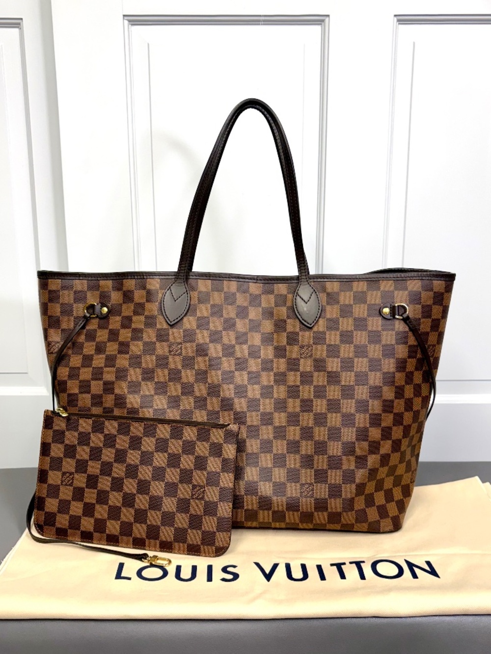 Louis Vuitton Neverfull GM Damier Ebene Canvas Tote Bag with Pouch